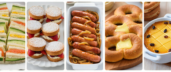 Colorful Array of Party Snacks Including Sandwiches, Desserts, Hot Dogs, and Baked Treats