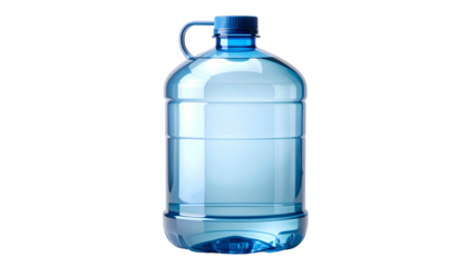Clear, large, cylindrical plastic container with a blue lid and handle, isolated on a black background, looks full