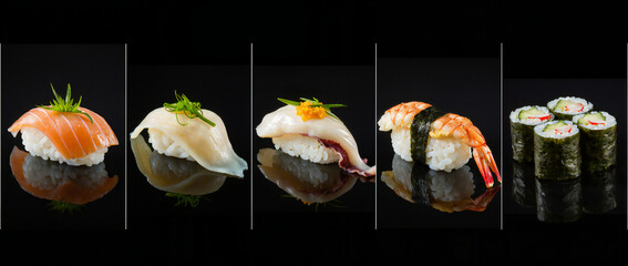 Gourmet Sushi Platter with Fresh Ingredients and Artistic Presentation on Black Background