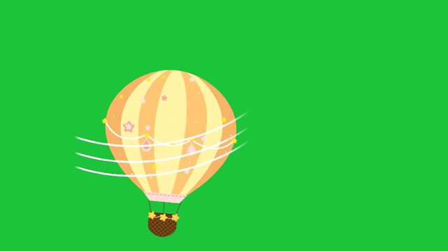 Cute hot air balloon floating with motion trails on green screen background. Cartoon animation for kids and fantasy scenes.