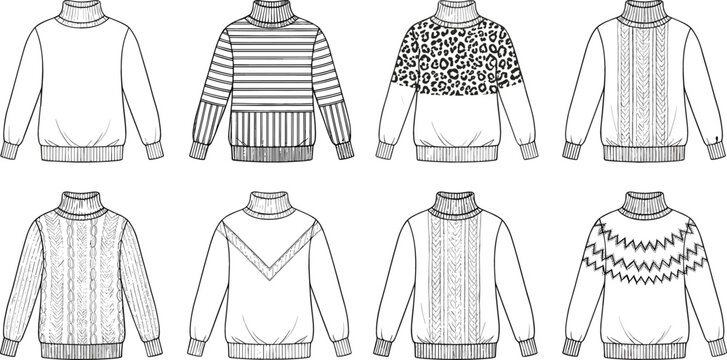 Collection of eight men&rsquo;s turtleneck sweaters in various styles including cable knit striped and leopard print for fashion design flat sketch