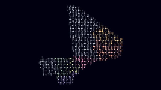 Mali animated country shape. Pulsating colored dots on the map of the country. Small size circle blocks. Digital style Mali map on dark background. Trending animation video.