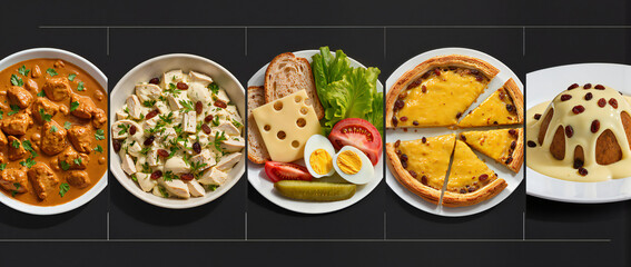 Variety of Delicious Dishes Featuring Meat, Chicken, Vegetables, and Dessert on Black Background