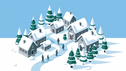 Isometric illustration of a charming snowy village with houses, pine trees, and people walking on winding paths in winter.