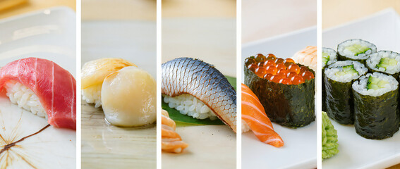 Fresh Sushi Selections Displayed on Elegant Plates with Various Ingredients and Textures