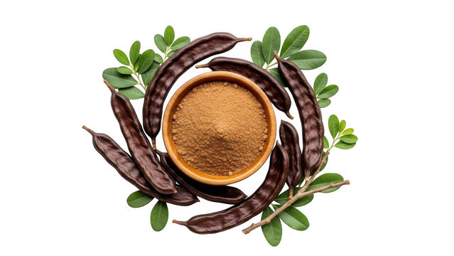 Carob powder in bowl with pods isolated on transparent background