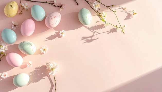 Easter eggs and flowers arranged on a pastel pink background with soft shadows and blooming branches for background or wallaper