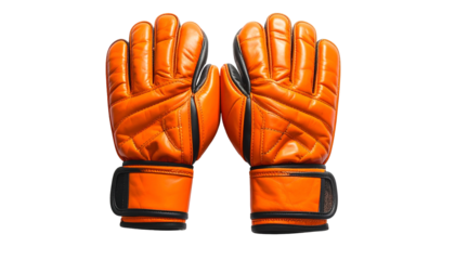 Close-up studio shot of two vibrant orange sports gloves, palms facing outwards, black accents. Background is solid black