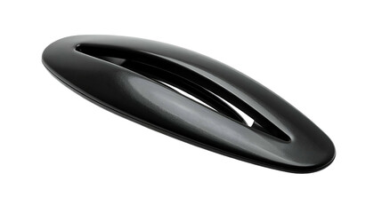 Glossy, black, elongated oval shape with a central, shallow channel and clean reflective surfaces. Isolated on black