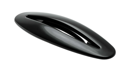 Glossy, black, elongated oval shape with a central, shallow channel and clean reflective surfaces. Isolated on black