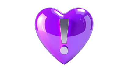 Glossy, purple heart shape with a metallic exclamation mark centered. The image uses high contrast against a black backdrop, producing a 3D aesthetic