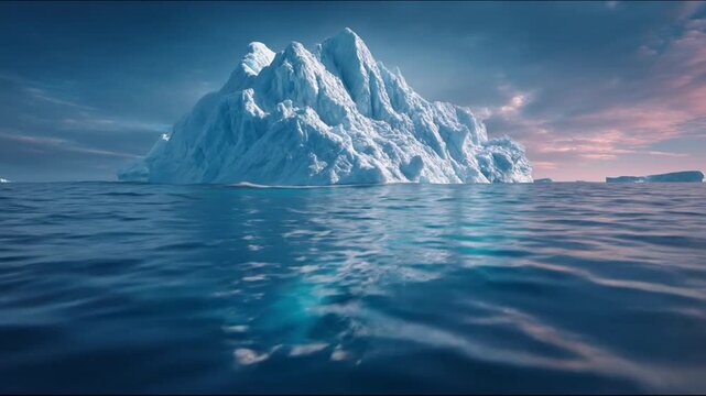 Majestic iceberg peak rises above tranquil blue sea, with hidden mass below, under pastel sunsetglow