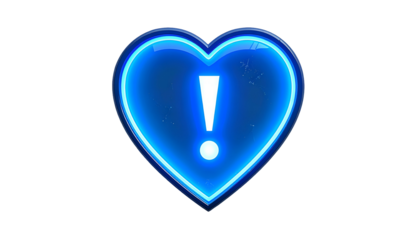 Illuminated blue neon heart shape with an exclamation point inside on a black background