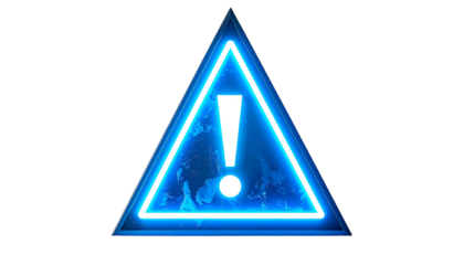 Illuminated blue warning symbol, consisting of an exclamation mark within a triangular frame against a black background