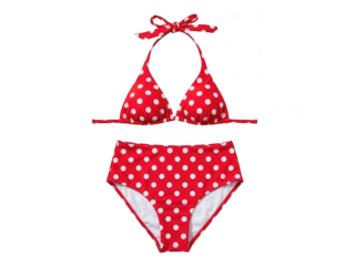 A red and white polka dot bikini set isolated on a black background