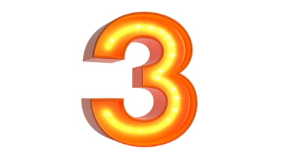 Illuminated, three-dimensional numeral 3, featuring orange and yellow glow with small lights, set against a stark black background
