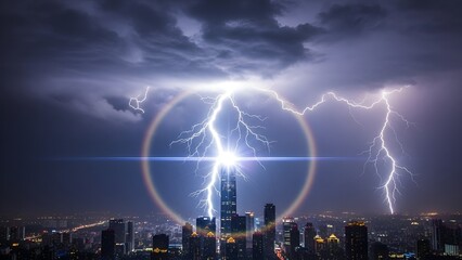 Dramatic lightning strikes illuminate the cityscape during a powerful thunderstorm
