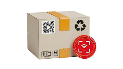 Cardboard box with QR code, recycling symbol, and scan icon