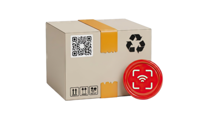 Cardboard box with QR code, recycling symbol, and scan icon