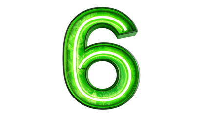 Illuminated numeral six in vibrant green neon, set against a stark black background. It appears to float in space
