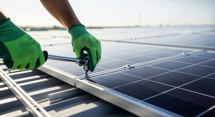 Worker secures photovoltaic solar panel framework onto a metal rooftop structure during daylight hours.