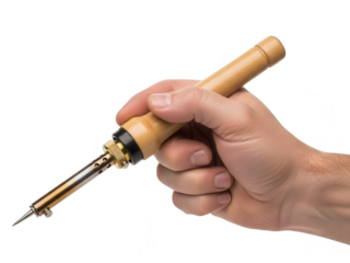 A hand firmly grips a heated soldering iron against a dark background