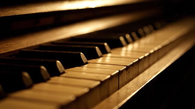 Close-up of piano keys in golden lighting, music and performance