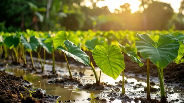 Lush green taro plants thrive in a flooded field at sunset.