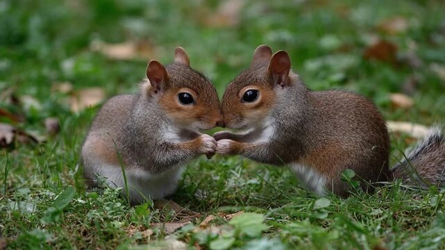Two alert squirrels share a moment on green grass, noses touching, tails curled nearby under leaves