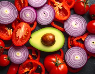 Overhead shot of chopped vegetables arranged on a dark surface