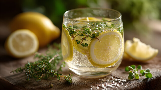 Sparkling lemon drink fresh herbs glass rustic wood bubbles citrus slices homemade beverage natural refreshment with uplifting mood