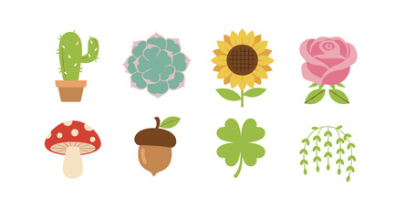 Botanical nature collection with cactus succulent sunflower rose mushroom acorn clover and weeping willow leaves icons © Zhangxiao