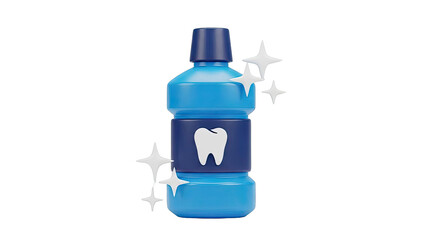 Blue Mouthwash Bottle with Tooth Icon and Sparkles