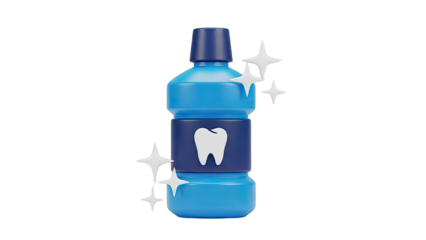 Blue Mouthwash Bottle with Tooth Icon and Sparkles
