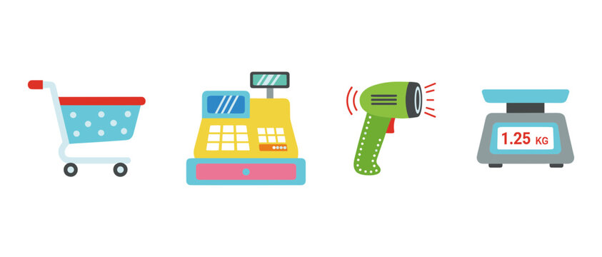 Retail shopping equipment icons including grocery cart, cash register, barcode scanner, and digital weight scale illustration