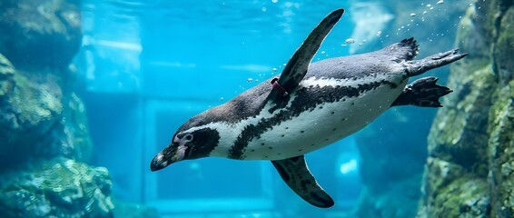 Penguin Swimming Underwater in Aquarium with Rocks and Blue Background