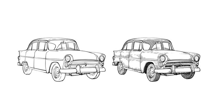 Vintage Car hand drawn illustration with to options, only line art and with shading on it 