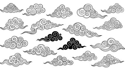 Black and white illustration of various clouds with gears and cogs on a white background