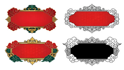 Collection of ornate red and gold chinese new year decorations and frames isolated on white background for festive designs