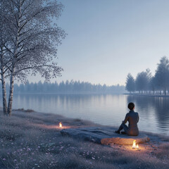 Woman Sitting by Lake at Dusk Enjoying Firelight in Quiet Winter Scene