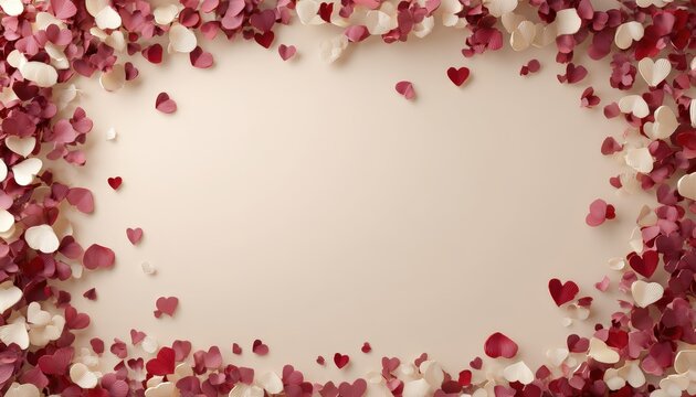 Scattered small paper hearts form a decorative frame around a plain central area.