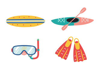 Summer Water Sports Equipment Set Including Surfboard Kayak with Paddle Snorkeling Mask and Diving Fins Vector Illustration © Zhangxiao