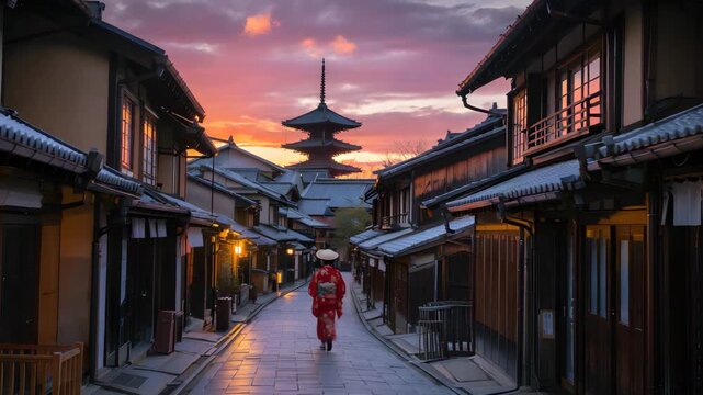 Woman in traditional red kimono walking through historic Japanese street at sunset