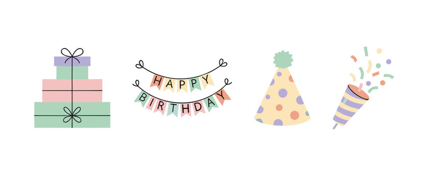 Birthday party celebration elements set with colorful gift boxes, happy birthday banner, party hat and confetti popper vector icons.