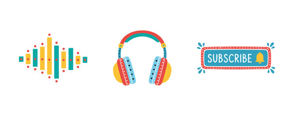 Modern Digital Audio and Media Content Icons Featuring Sound Wave Frequency Headphones and Subscribe Button with Notification Bell