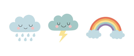 Fototapeta premium Cute weather icons set featuring smiling rain cloud thunder storm cloud and colorful rainbow with clouds vector illustration