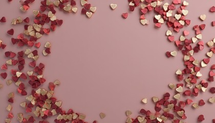Scattered small metallic heart shapes frame a soft pink background for a celebration