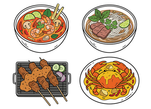 Authentic asian food dishes set including shrimp soup beef noodles meat skewers and chili crab vector food illustrations