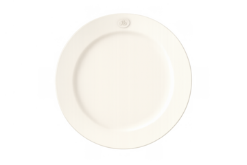 Empty round white ceramic plate with subtle watermark from top view, clean tableware for food presentation, transparent background