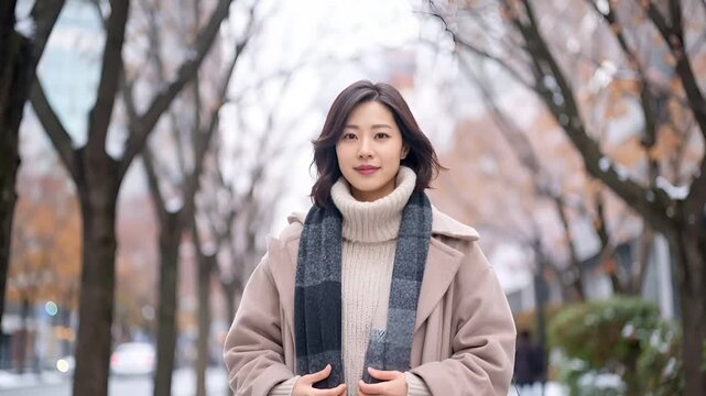 冬の都市風景の中に佇む日本人女性を描いたフォトリアル映像。
雪景色と自然な冬光が、やさしく落ち着いた印象を与えます。